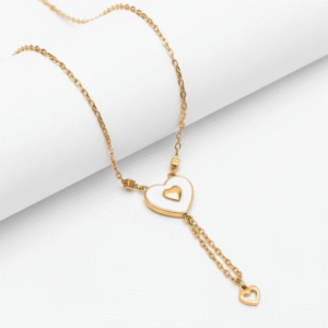 gold plated heart shape Y chain pendant necklace for women and girls with white enamel