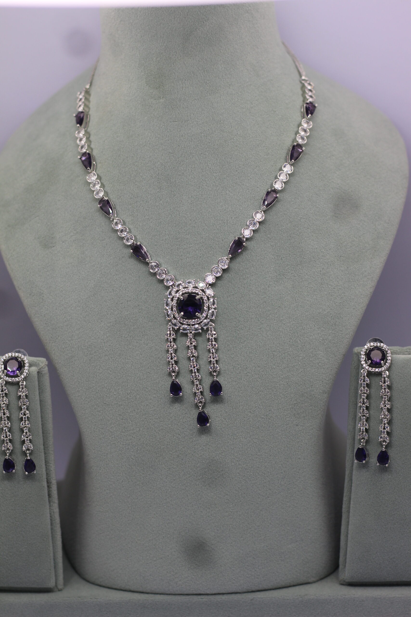 Elegant Silver-Plated Necklace Set with Purple Gemstones
