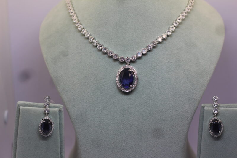 Platinum-Plated Necklace Set with Deep Blue Sapphire & CZ Accents - Image 2