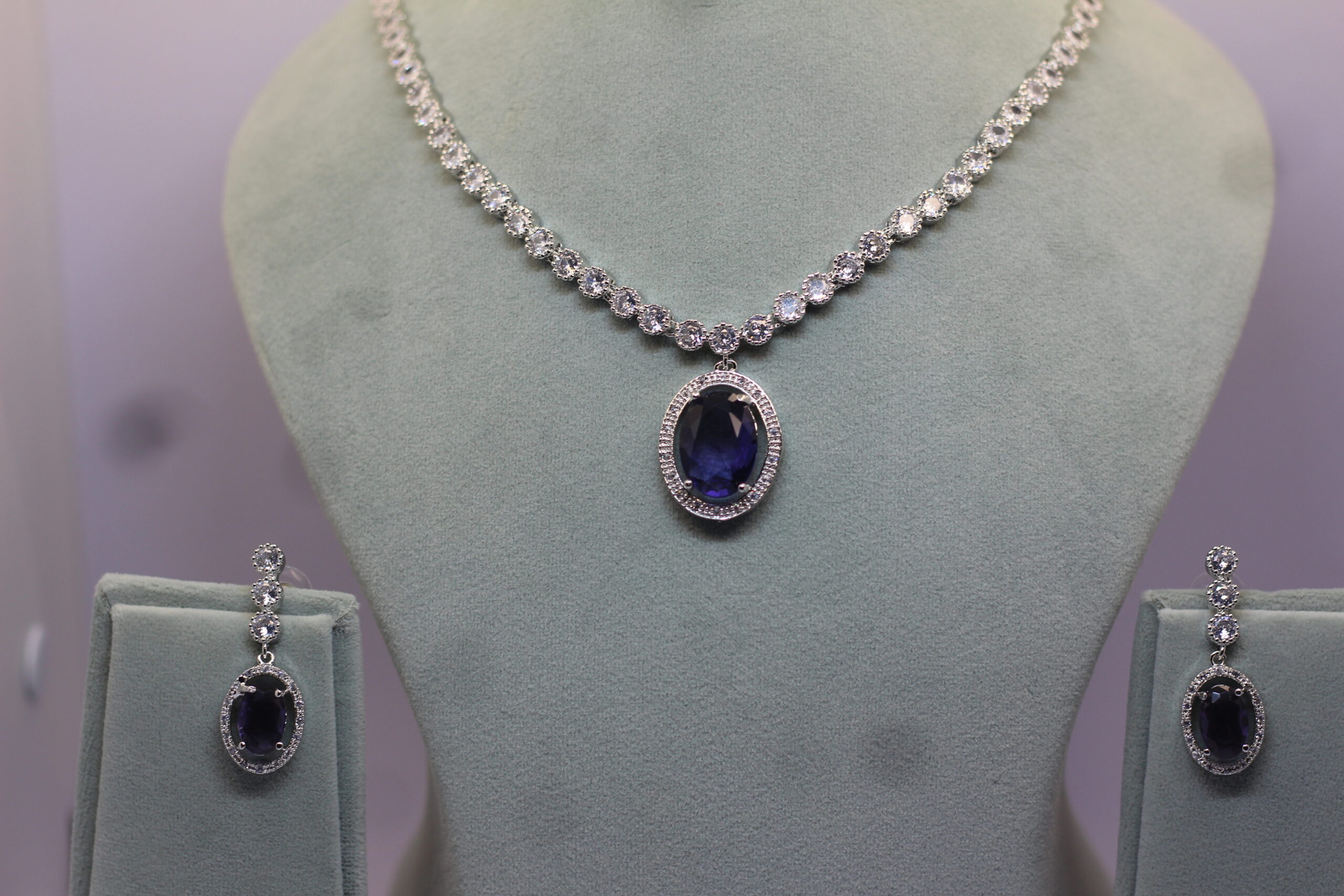 Platinum-Plated Necklace Set with Deep Blue Sapphire & CZ Accents - Image 2