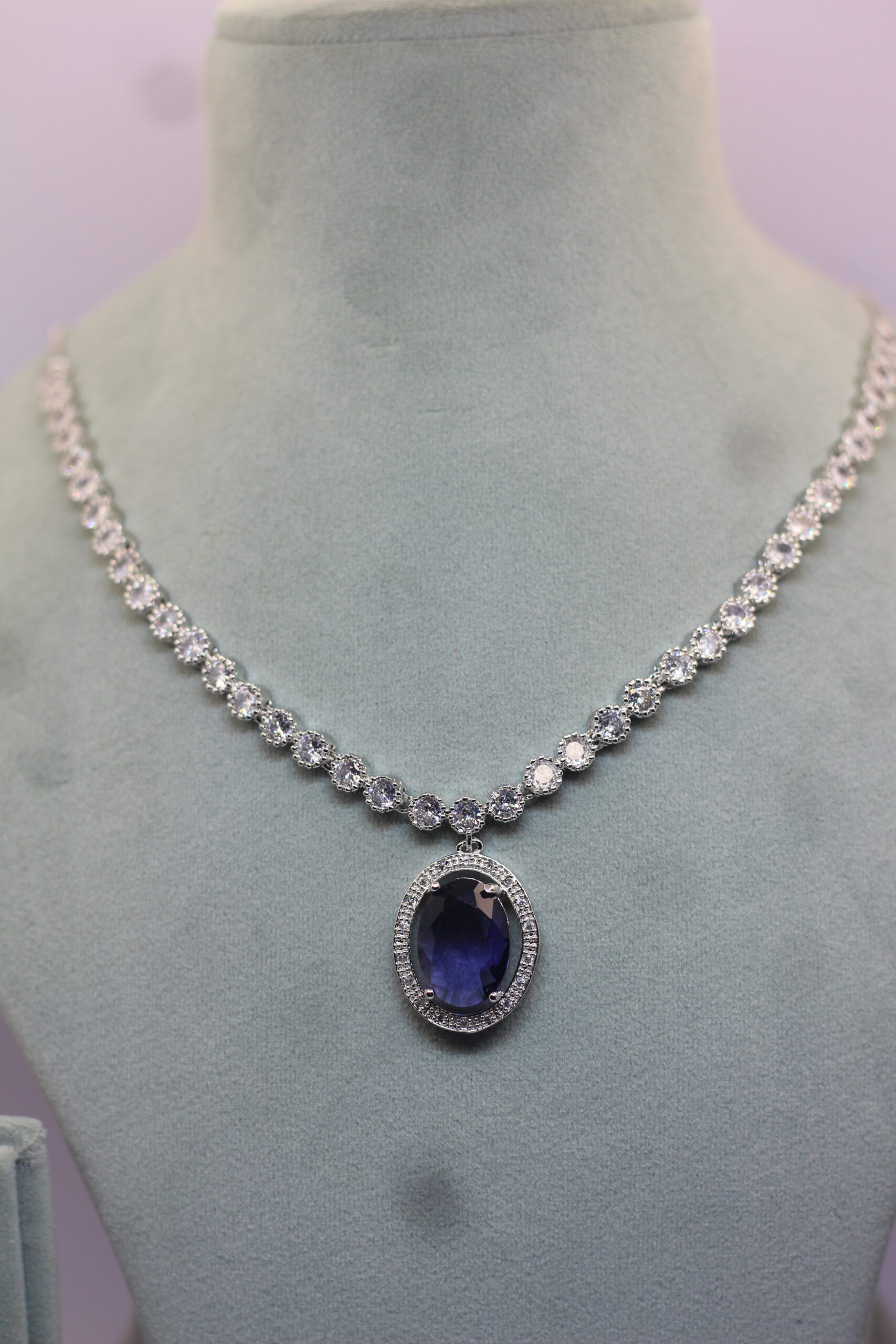 Platinum-Plated Necklace Set with Deep Blue Sapphire & CZ Accents