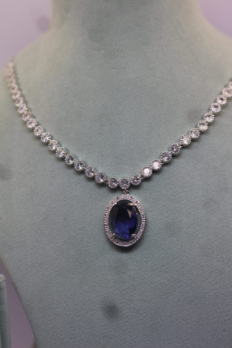 Platinum-Plated Necklace Set with Deep Blue Sapphire & CZ Accents - Image 4
