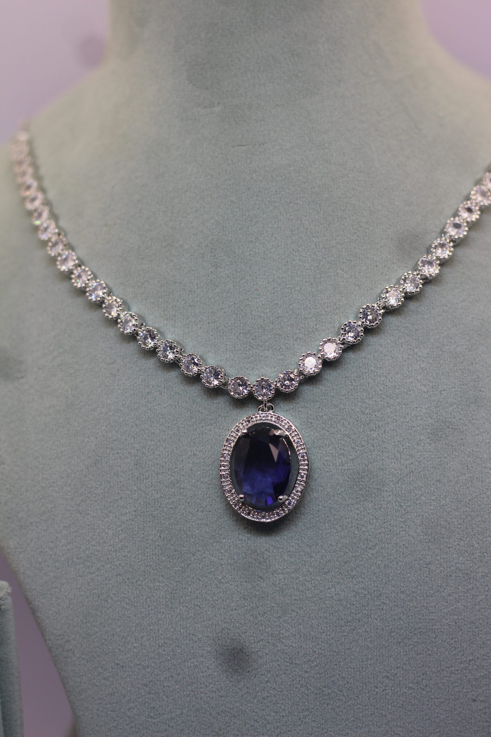 Platinum-Plated Necklace Set with Deep Blue Sapphire & CZ Accents - Image 4