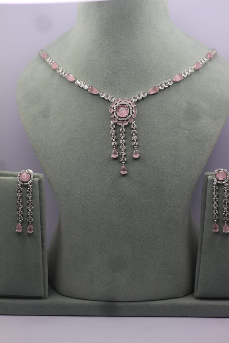 Platinum-Plated Pink Crystal & CZ Chandelier Necklace & Earring Set