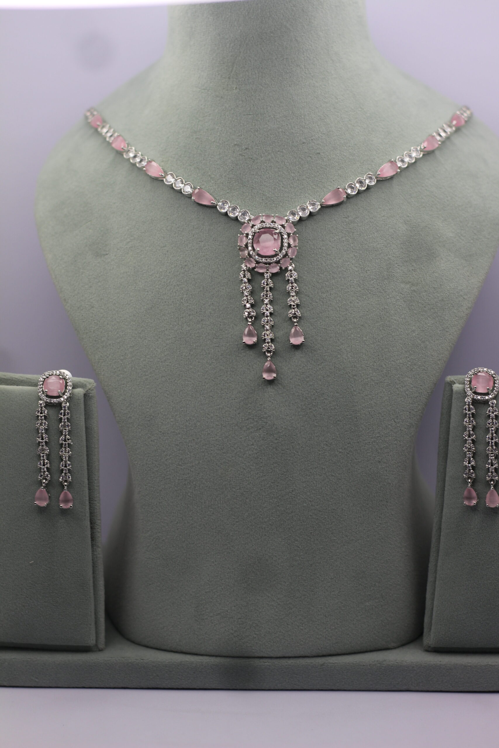Platinum-Plated Pink Crystal & CZ Chandelier Necklace & Earring Set