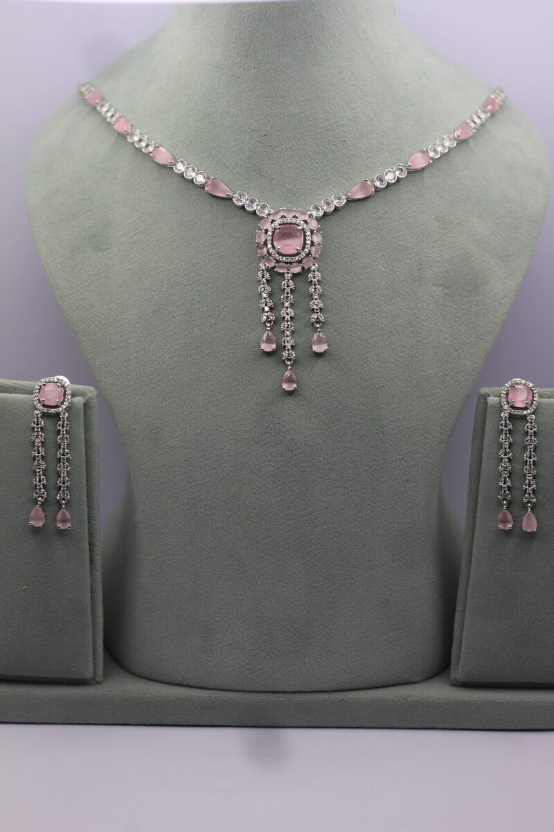 Platinum-Plated Pink Crystal & CZ Chandelier Necklace & Earring Set - Image 3
