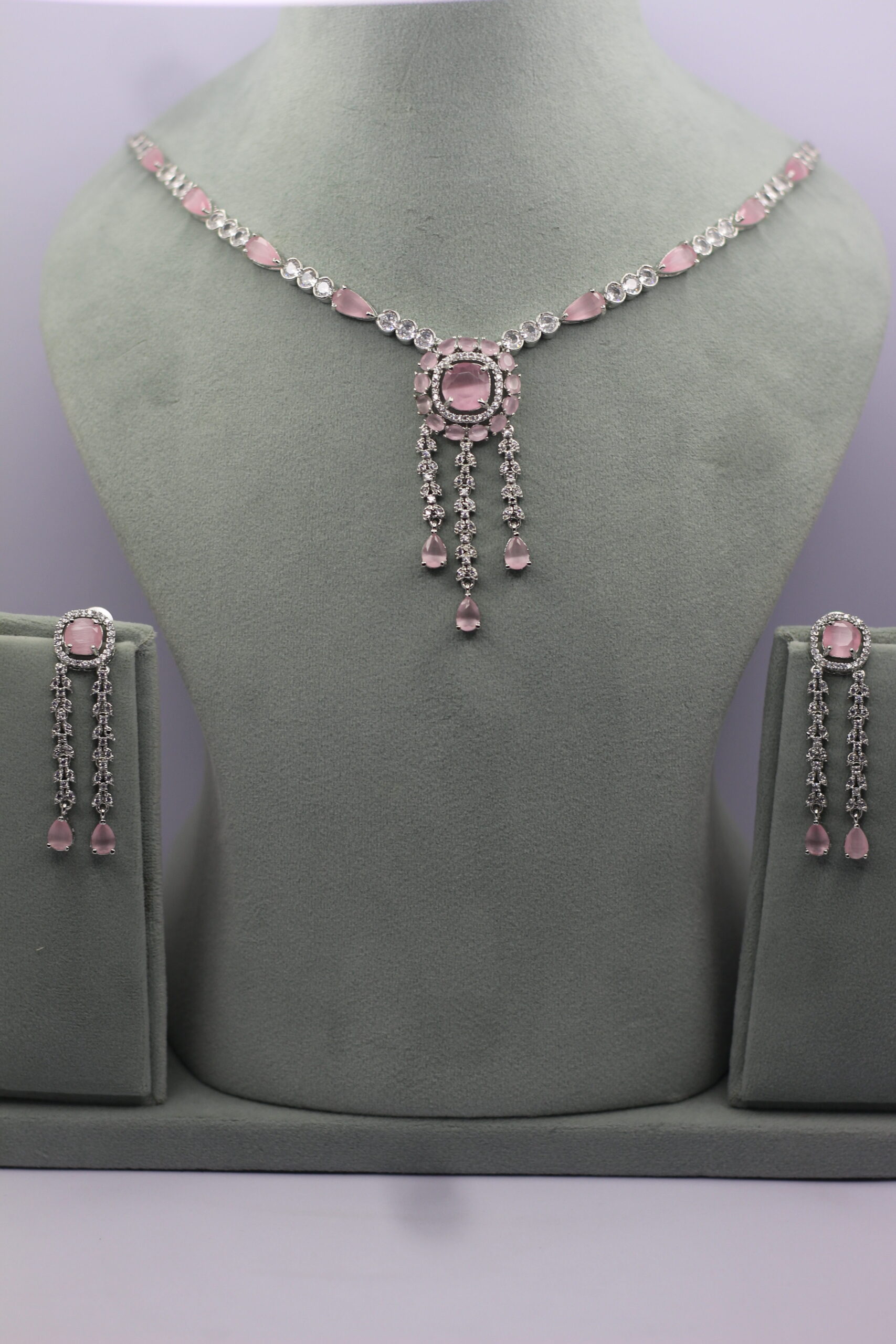 Platinum-Plated Pink Crystal & CZ Chandelier Necklace & Earring Set - Image 3