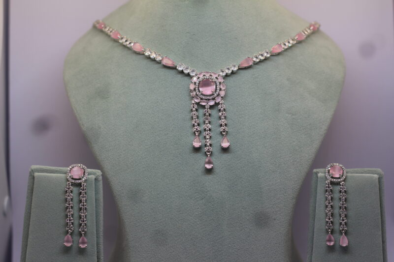 Platinum-Plated Pink Crystal & CZ Chandelier Necklace & Earring Set - Image 5