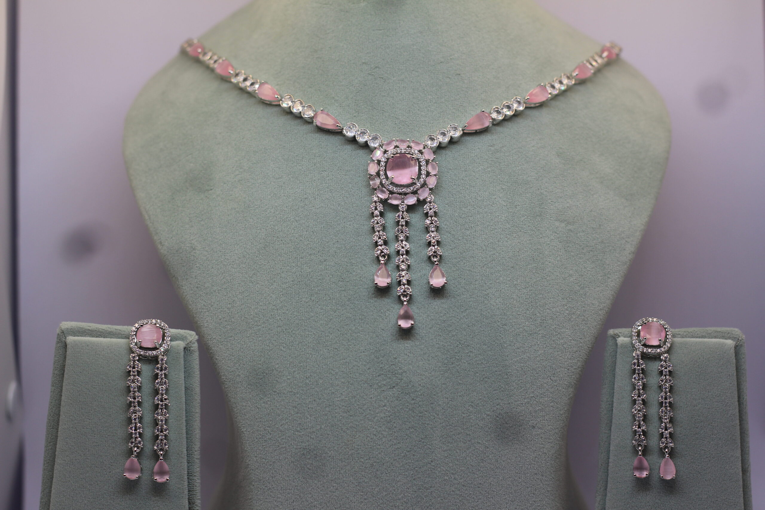 Platinum-Plated Pink Crystal & CZ Chandelier Necklace & Earring Set - Image 5