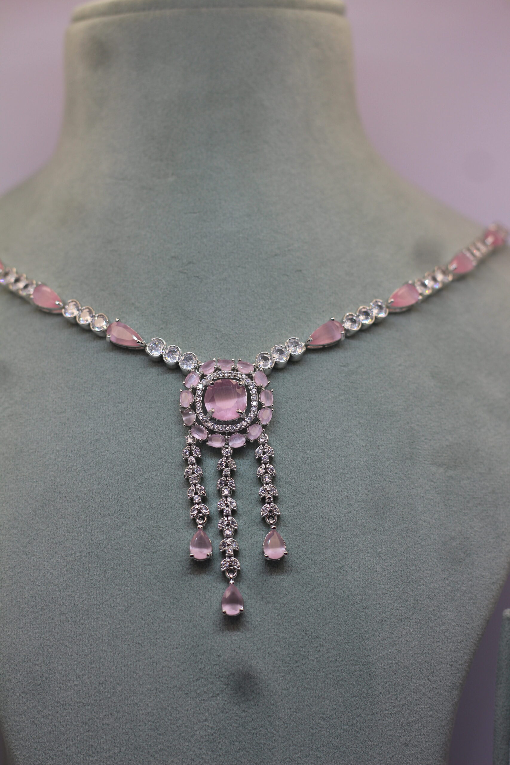 Platinum-Plated Pink Crystal & CZ Chandelier Necklace & Earring Set - Image 2