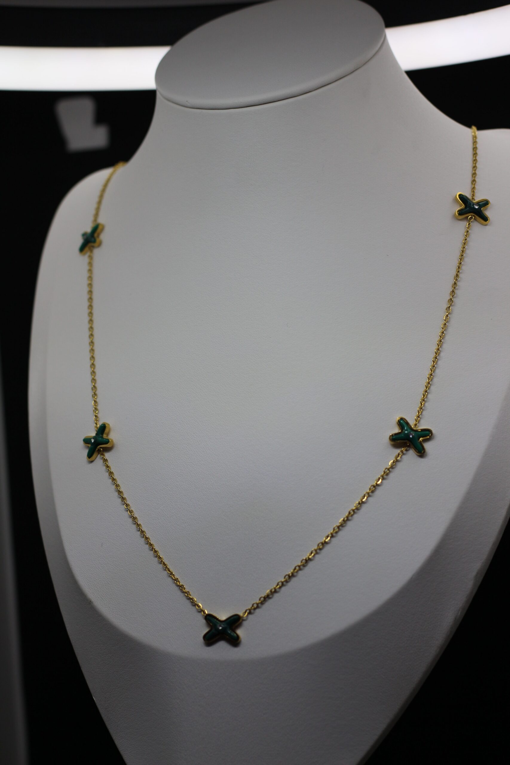 Gold-Plated Chain Necklace with Green Enamel Cross Charms - Image 3