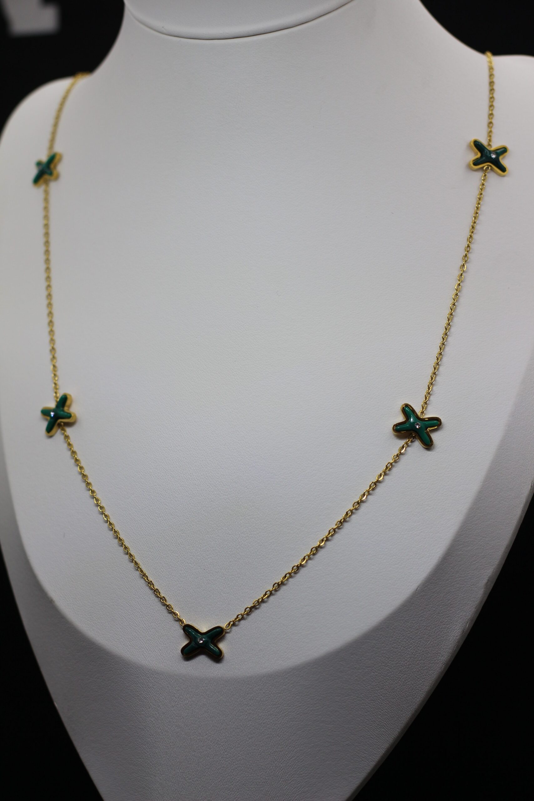 Gold-Plated Chain Necklace with Green Enamel Cross Charms