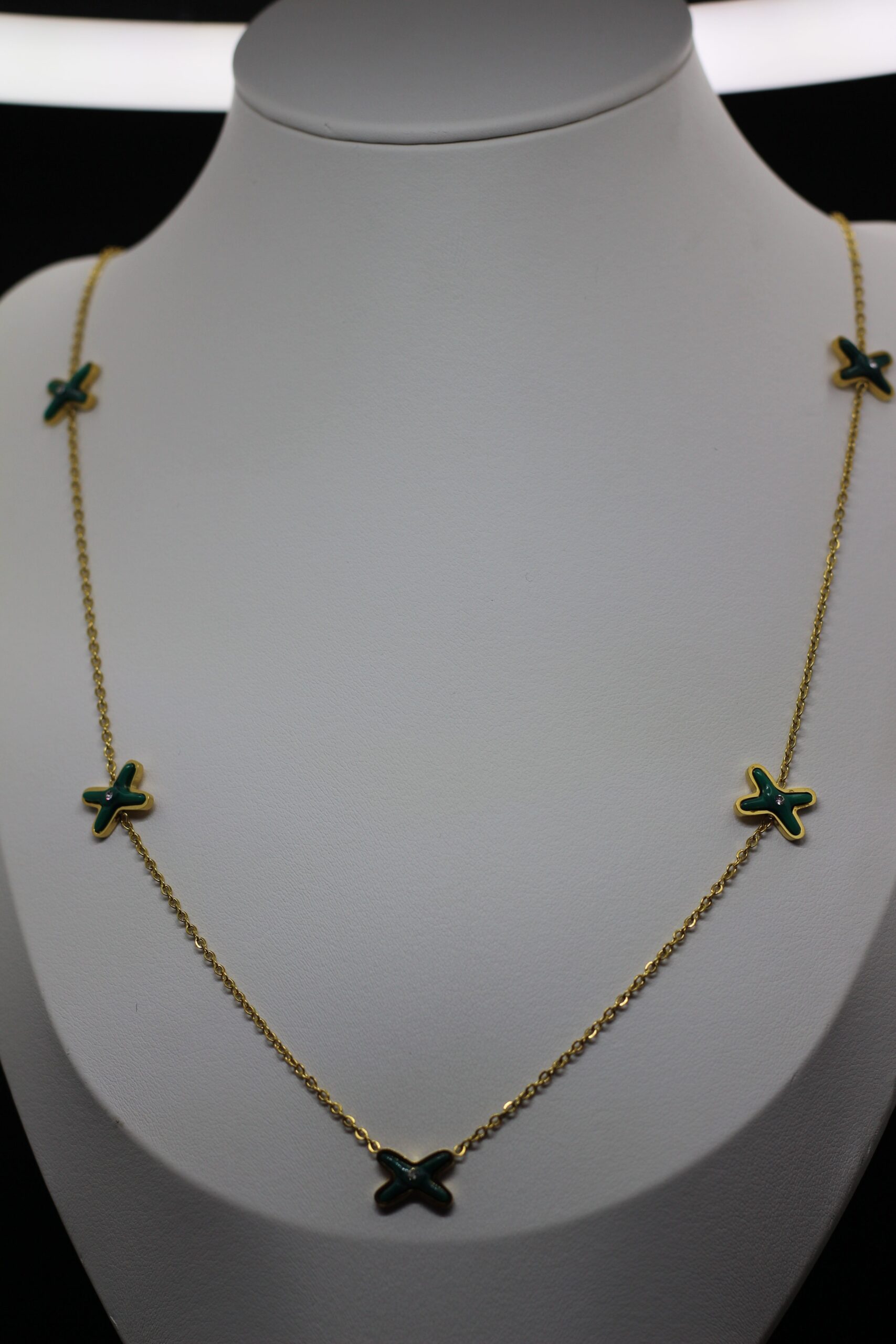 Gold-Plated Chain Necklace with Green Enamel Cross Charms - Image 2