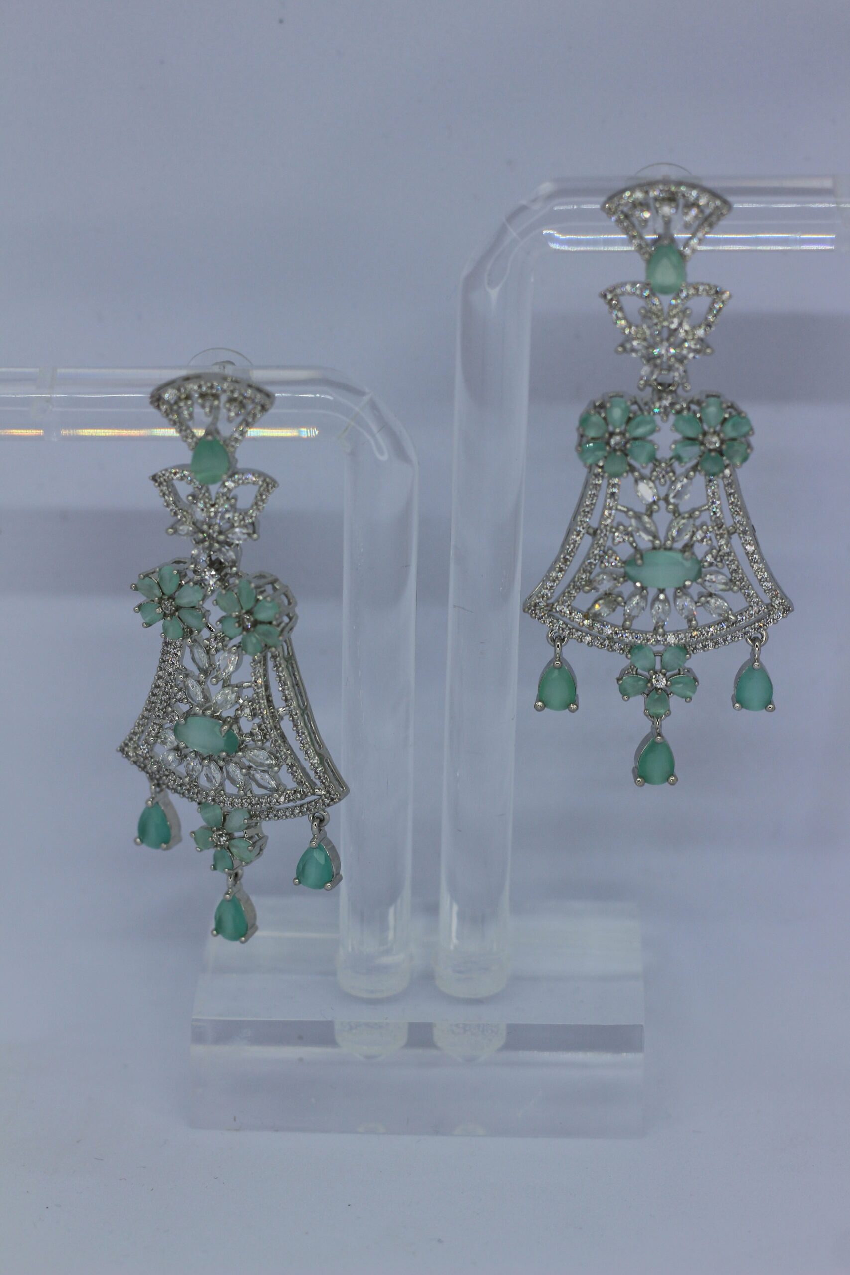 Mint Green Floral Filigree Chandelier Earrings - Image 4