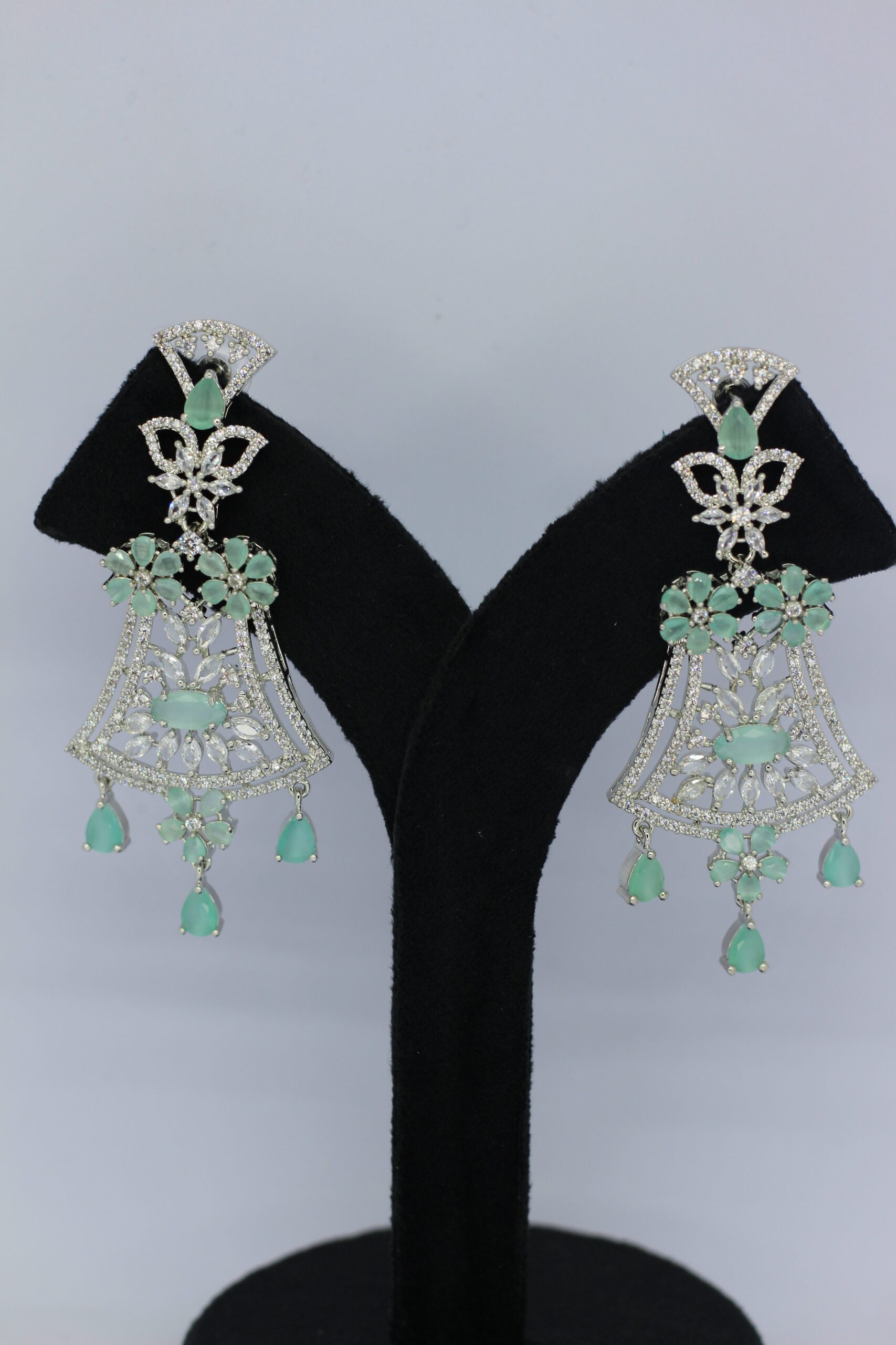 Mint Green Floral Filigree Chandelier Earrings - Image 3