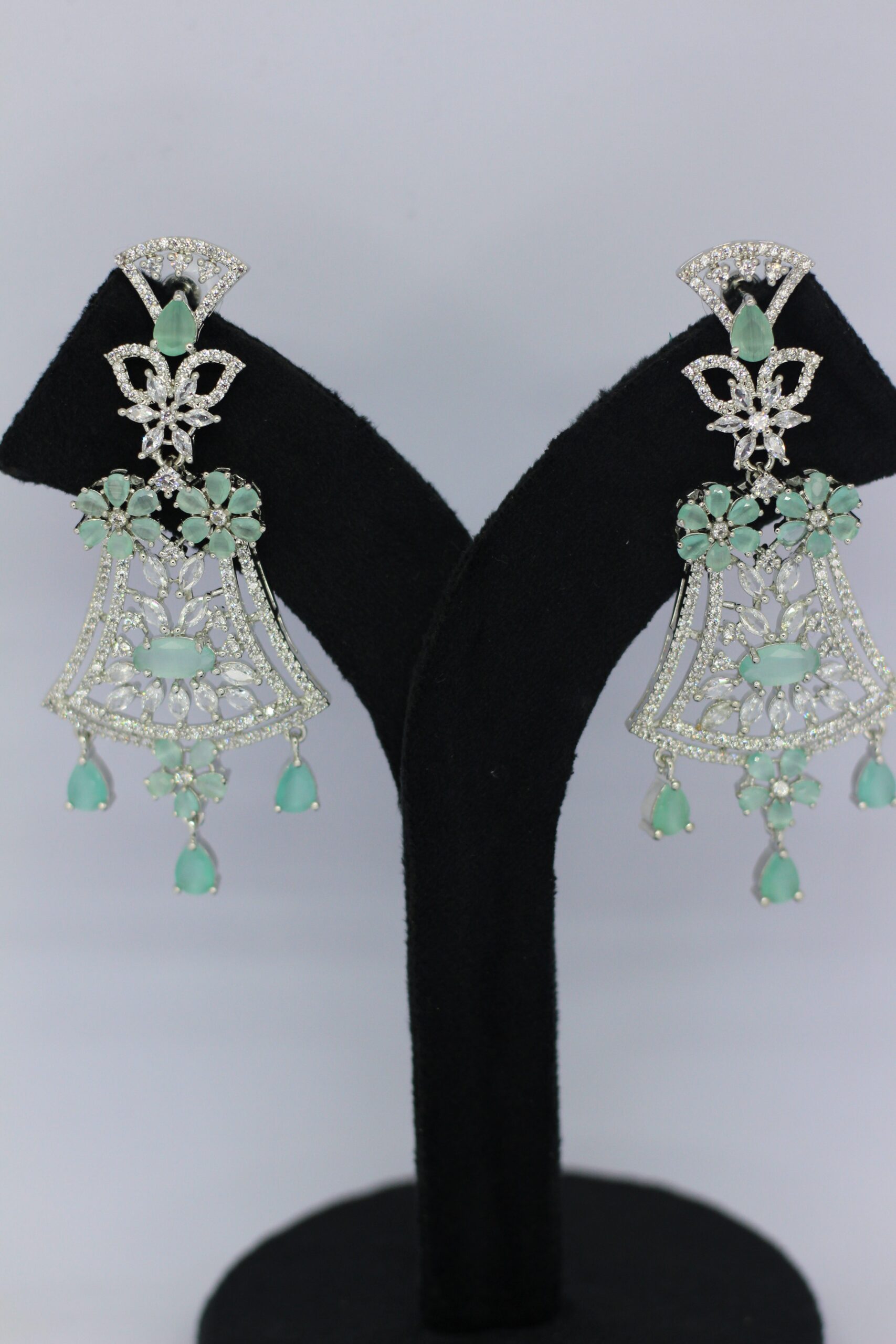 Mint Green Floral Filigree Chandelier Earrings - Image 2