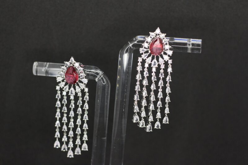 Ruby Red Teardrop Cascading Crystal Dangler Earrings - Image 3