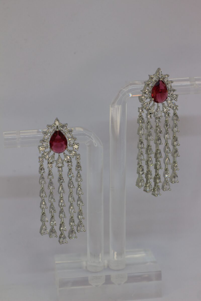 Ruby Red Teardrop Cascading Crystal Dangler Earrings - Image 2
