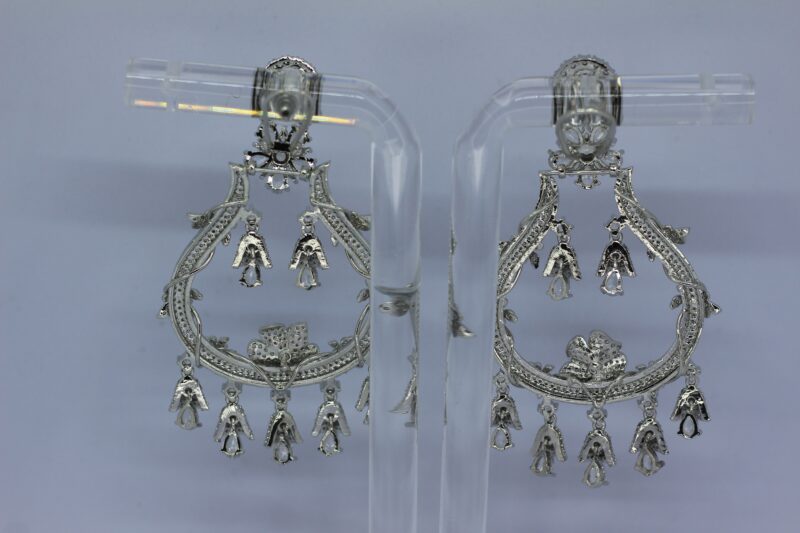 Antique Silver-Plated Openwork Chandbali Earrings with Hanging Charms