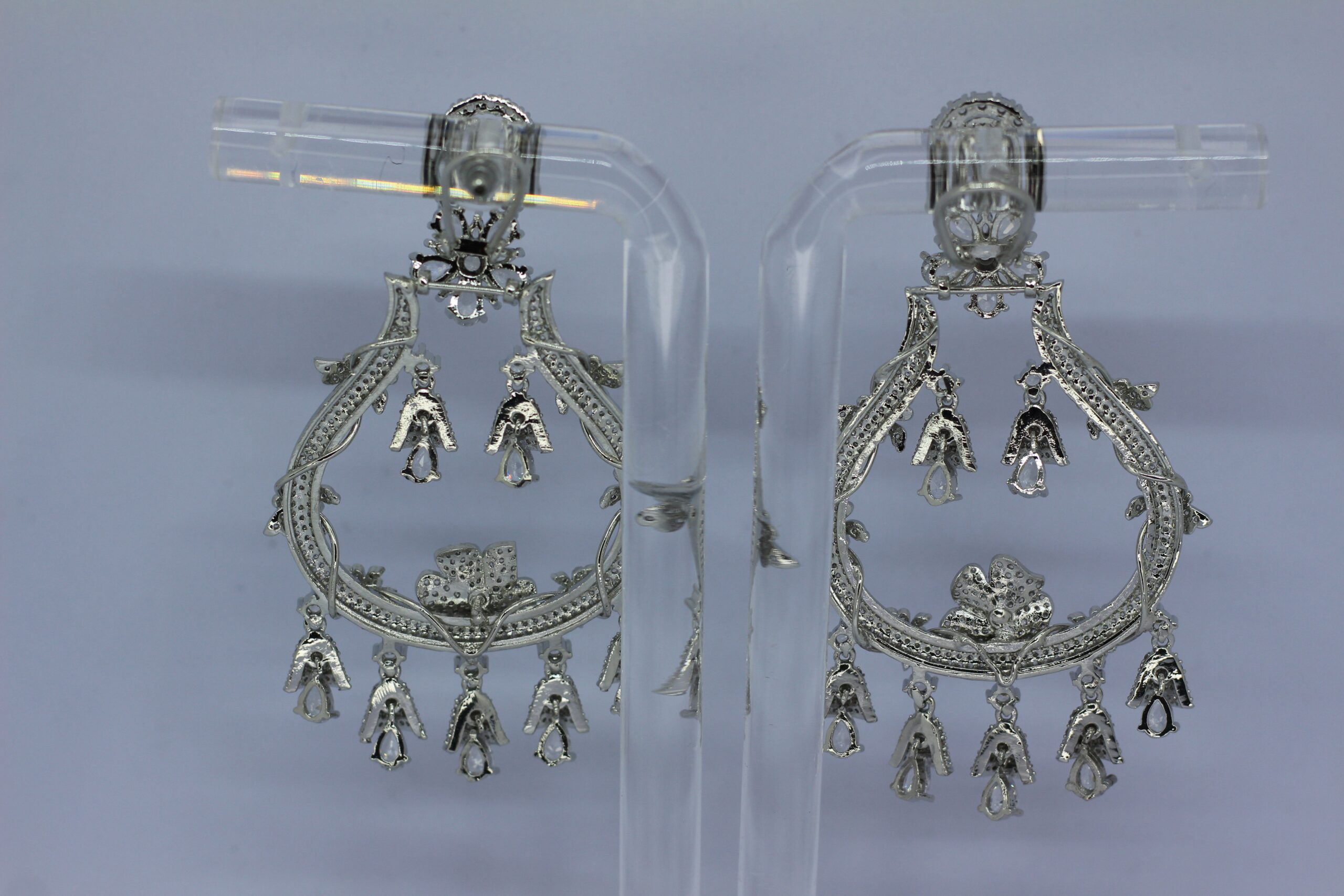 Antique Silver-Plated Openwork Chandbali Earrings with Hanging Charms