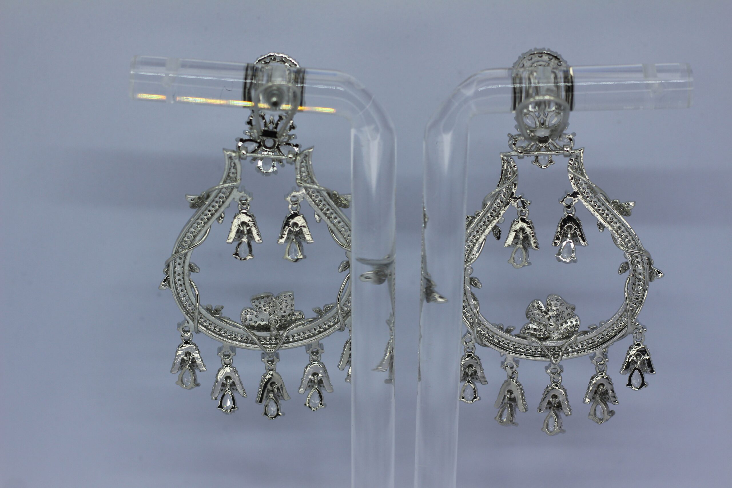Antique Silver-Plated Openwork Chandbali Earrings with Hanging Charms - Image 3
