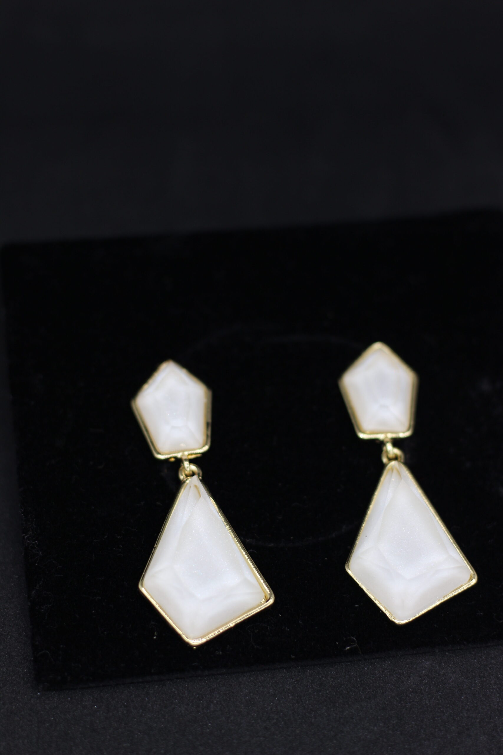 Minimal Geometric White Stone Drop Earrings with Gold Finish