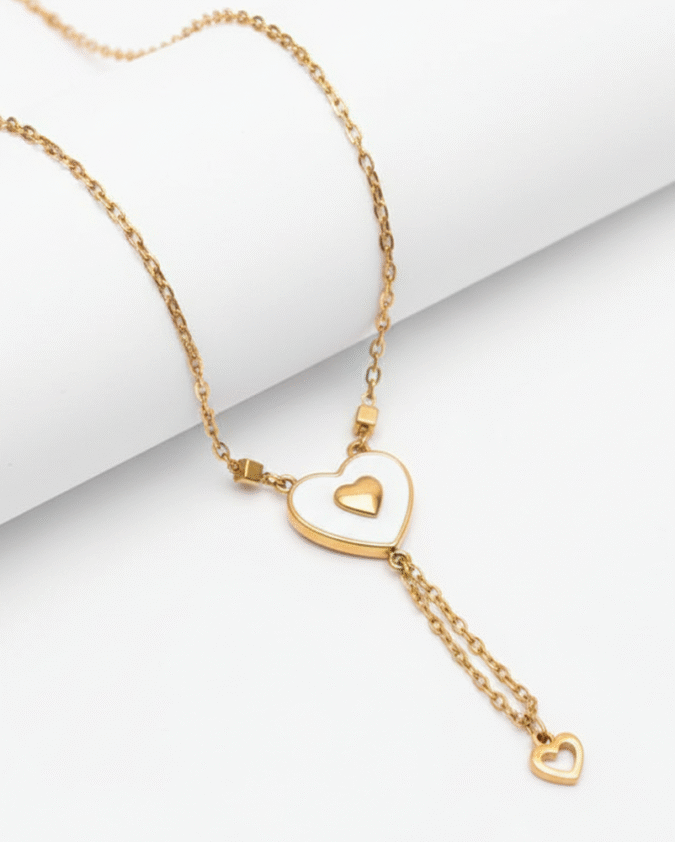gold plated heart shape Y chain pendant necklace for women and girls with white enamel