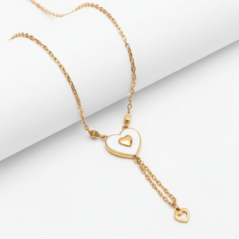 gold plated heart shape Y chain pendant necklace for women and girls with white enamel