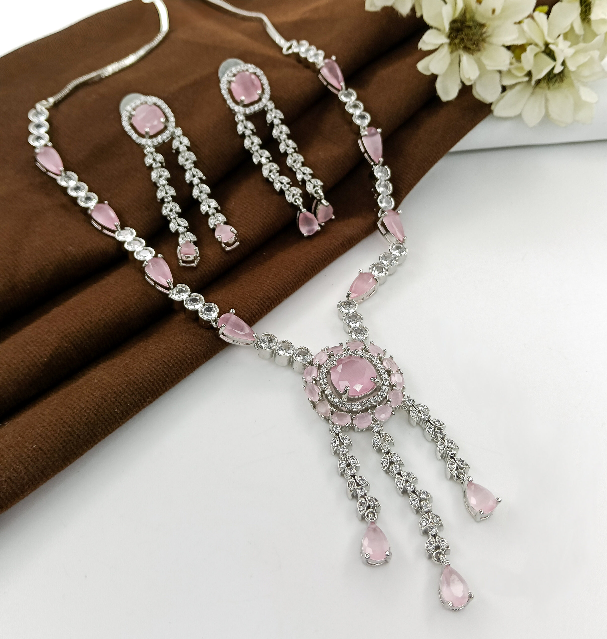 Pink Stone Tassel Silver Necklace Set