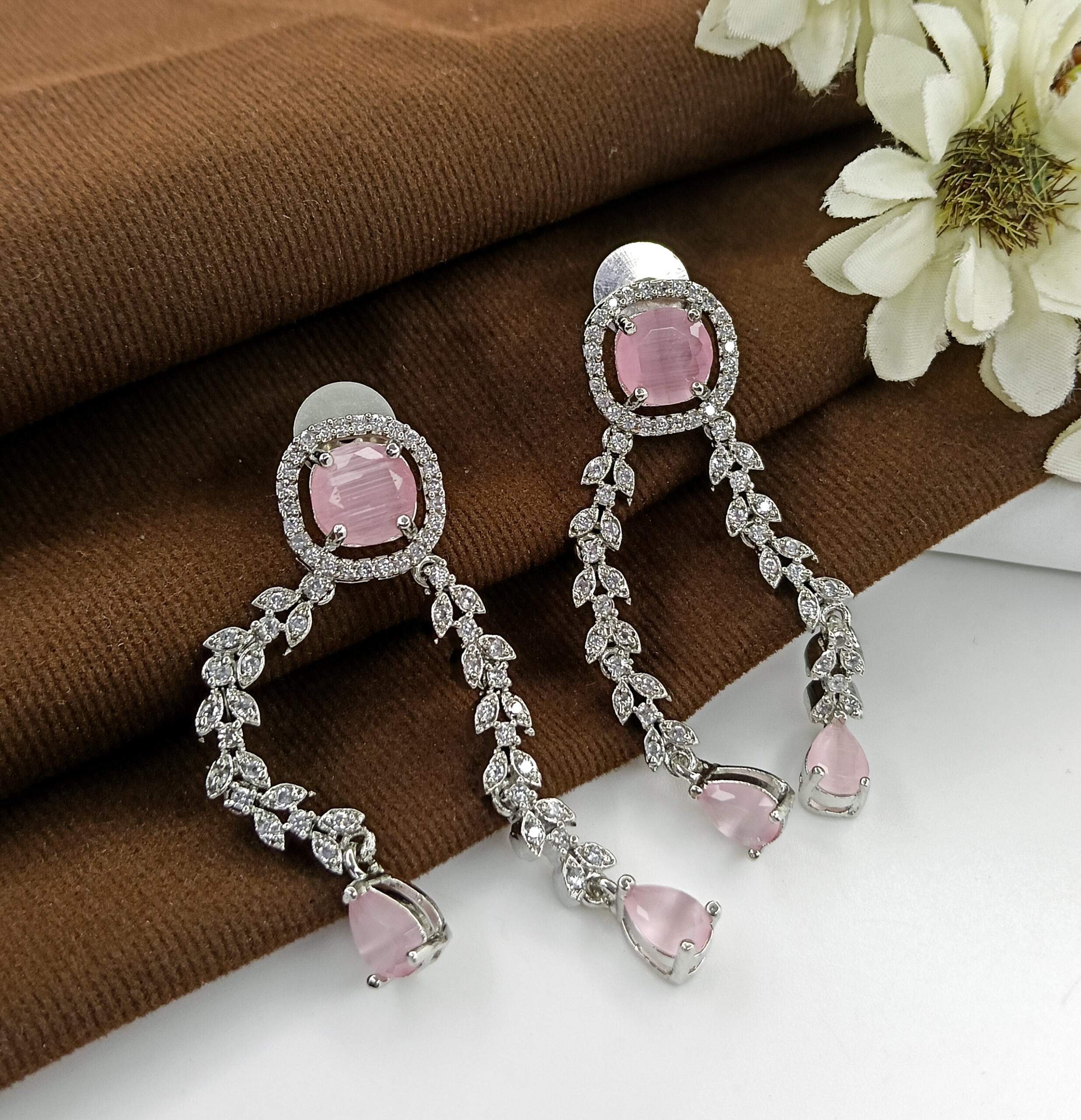 Pink Stone Tassel Silver Necklace Set - Image 2
