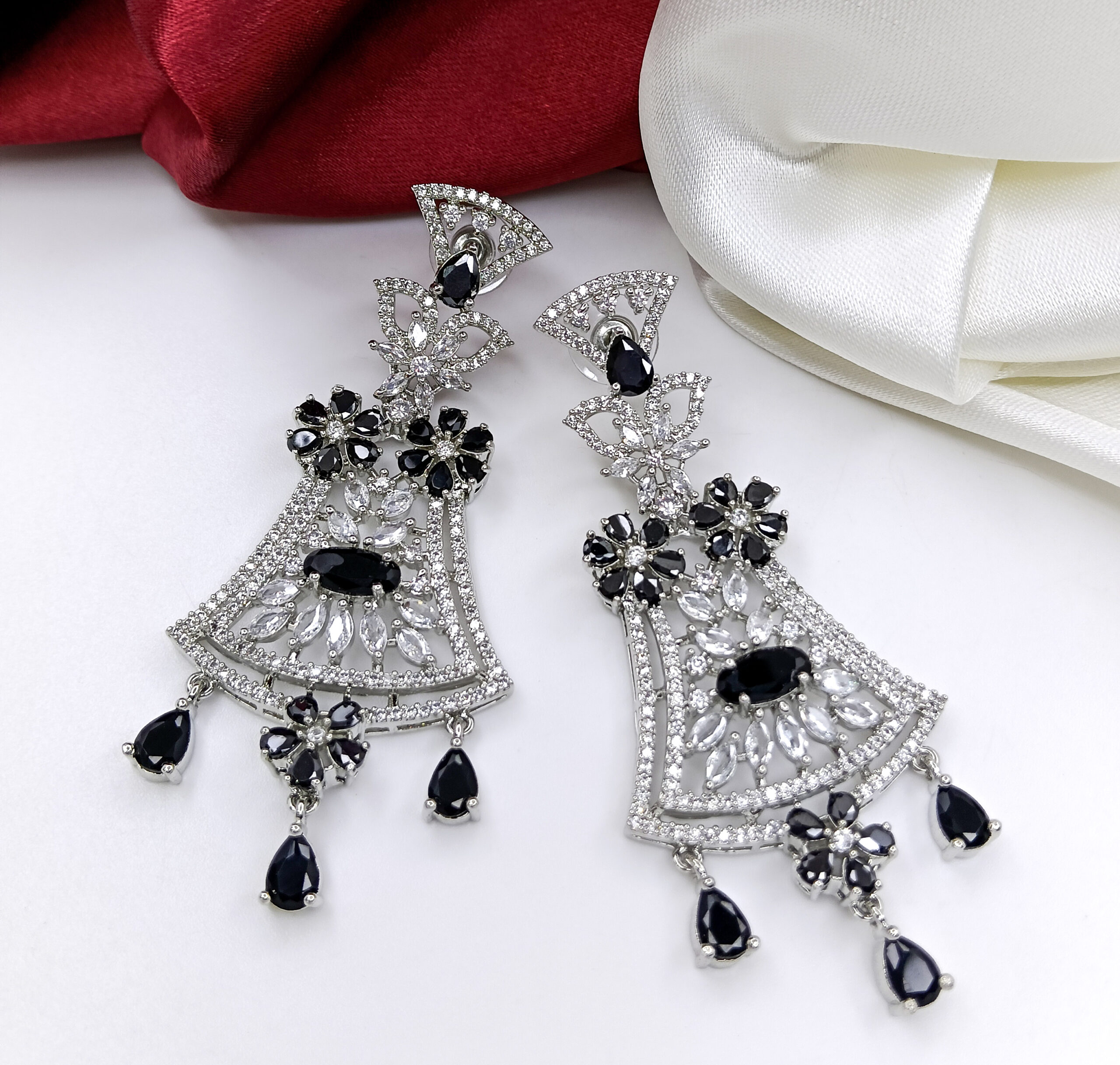 Silver & Black Art Deco Statement Earrings - Image 2