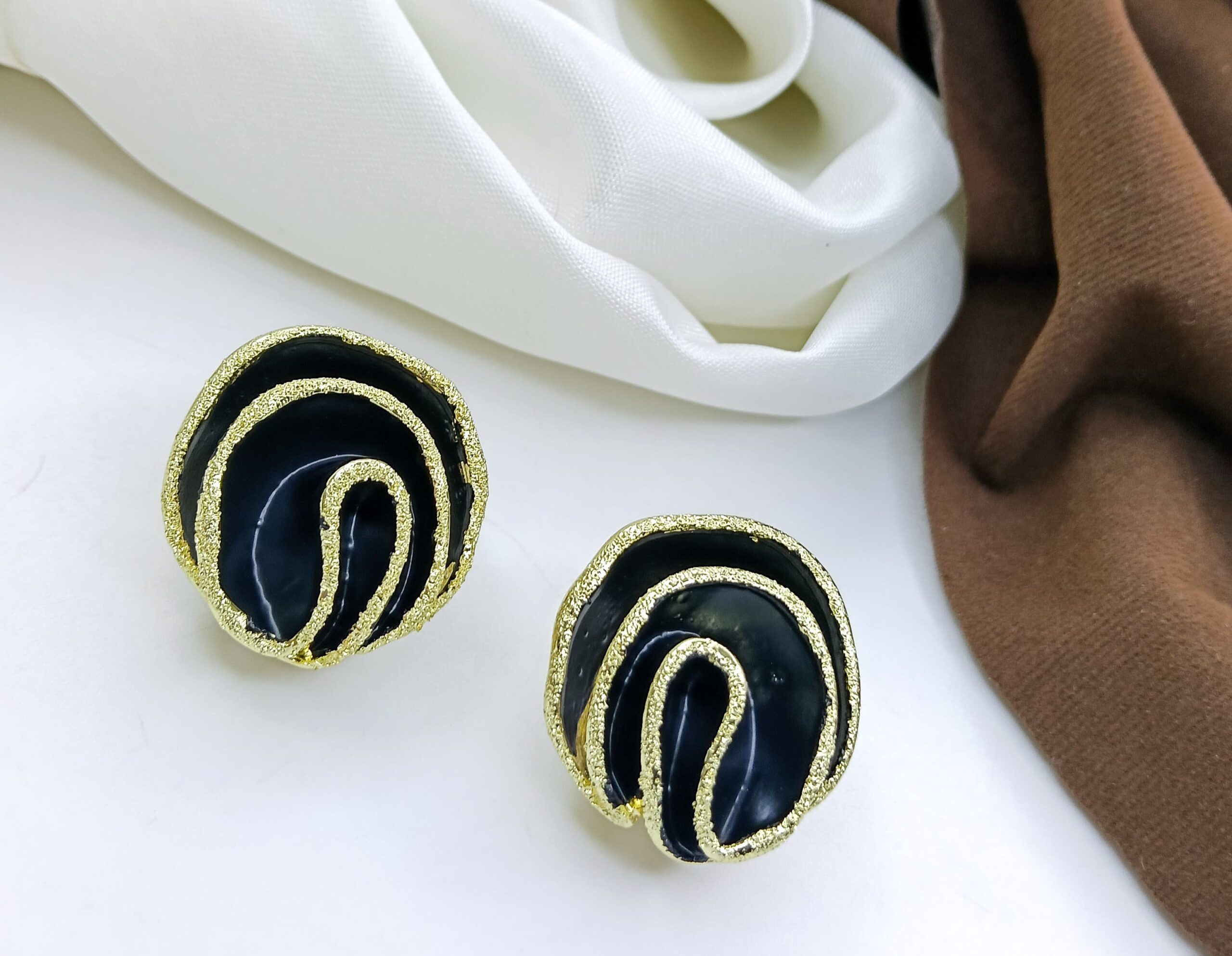 Black & Gold Spiral Statement Stud Earrings
